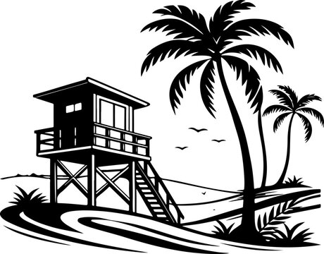 Lifeguard tower black silhouette vector illustration