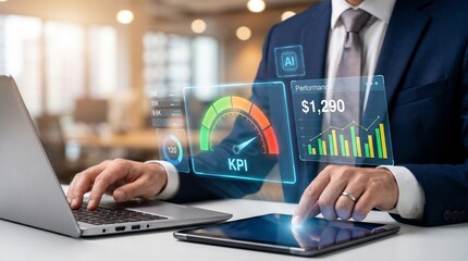 Fototapeta premium Businessman analyzing kpi data on futuristic dashboard