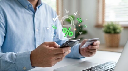 Obraz premium Person using phone and credit card for secure online shopping