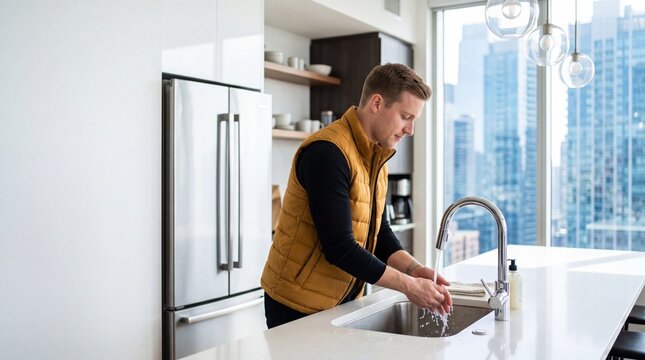 Man washing hands under running water tap in modern kitchen with city view, practicing hygiene and cleanliness routine in contemporary urban apartment home.