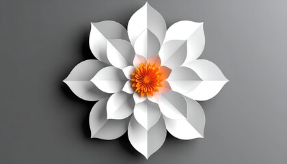 White paper flower with orange center, eight layered petals, on gray background
