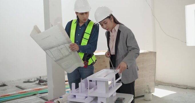 Male engineer and female architect review a building model, blueprints and a digital device at a residential construction site, planning design coordination and project development.
