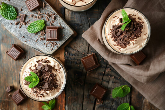 top view of sweet mousse with chocolate and mint