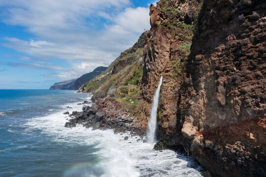 Cascata do Mito, Ponta do Sol, Madeira, cliffs on the coast with cascades of water falling into the sea