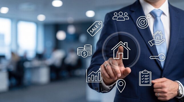 Real estate agent or broker touching virtual house icon surrounded by sales, finance, and location symbols, representing property market and investment opportunities.