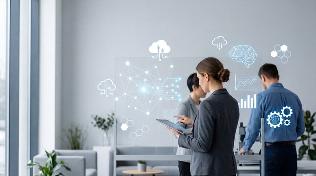 Business team collaborating in modern office using transparent screen with cloud computing data network icons, artificial intelligence brain graphic, gears mechanism, charts, and
