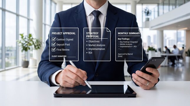 Businessman in suit signing digital project approval and strategy proposal on tablet, reviewing monthly summary on smartphone, modern office workspace background with holographic