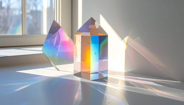 Glass prisms refract sunlight, creating rainbows on a windowsill