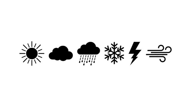 Collection of weather icons depicting sun, clouds, rain, snow, lightning, and wind
