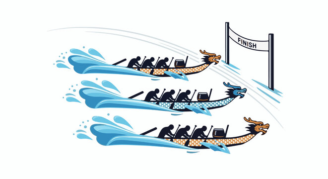 Dragon boats race towards the finish line, splashing water