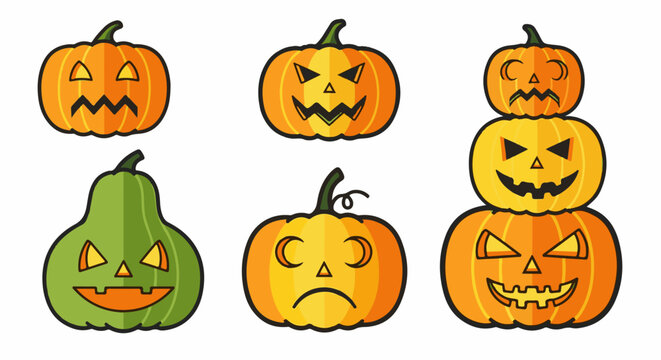 Diverse Halloween pumpkins with carved faces and varying expressions on white background
