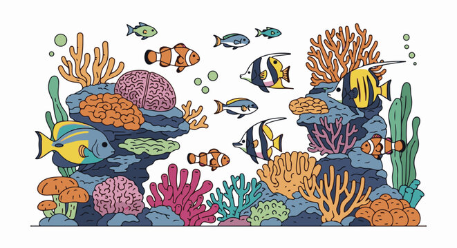 Colorful cartoon coral reef with assorted fish, anemones, and brain coral