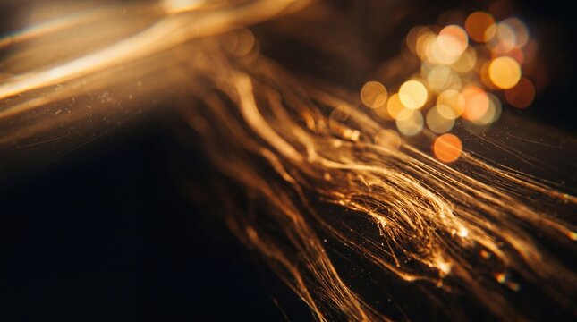 Abstract close-up of glowing golden fiber optic strands with warm bokeh lights in the background, representing high-speed internet connectivity, data transmission and advanced