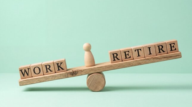 Wooden seesaw balancing work and retire blocks with a small figure in the center, symbolizing career life balance, retirement planning, pension decisions and finding equilibrium