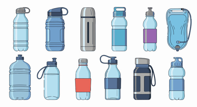 Collection of various reusable water bottles and hydration pack