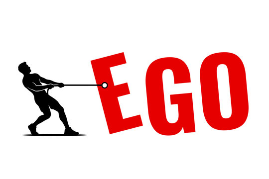 Controlling ego with human silhouette pulling large ego typography symbolizing emotional control, mindset coaching, self awareness, leadership, psychology, and personal development
