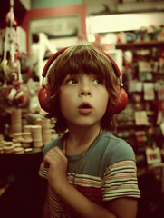 Fototapeta premium candid photo of young boy with fringe and striped shirt, wearing oversized red headphones, gazing upward with captivated look, blurred cozy playroom background, copy space. boy, child, toddler, 