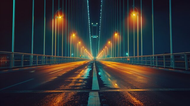 Hyperrealistic night shot of empty bridge with steel cables and street lights Canon EOS R5 24mm f8