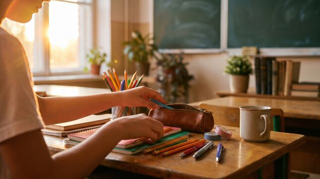 Back to School supplies on a classroom desk
