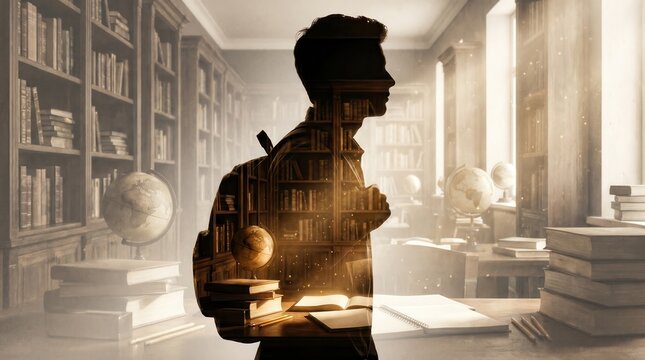 Student silhouette with backpack in library for Back to School
