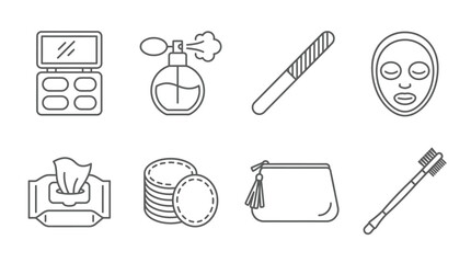 A collection of eight line art icons representing various beauty and cosmetic products, including makeup, skincare, and accessories. © Terra