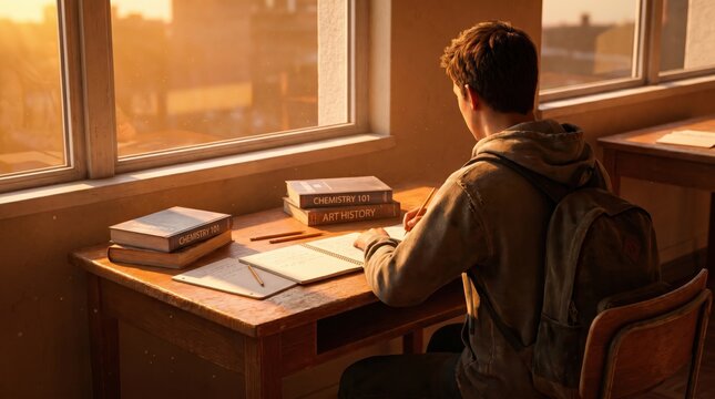 Student studying at desk, Back to School concept