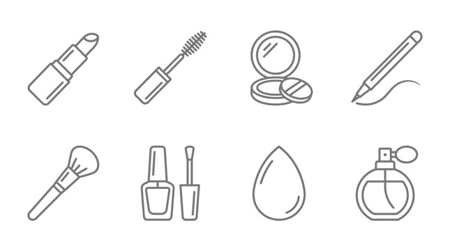 A collection of line art icons representing various makeup and beauty products, including lipstick, mascara, powder, eyeliner, brush, nail polish, and perfume.
