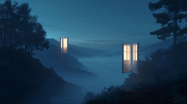Mystical Mountain Windows: Two luminous windows float amidst a serene, misty mountain landscape at dusk, their light piercing the darkness and inviting contemplation.