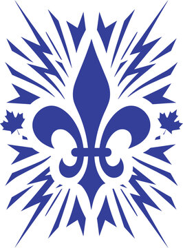 Blue fleur de lis symbol with maple leaves and abstract design