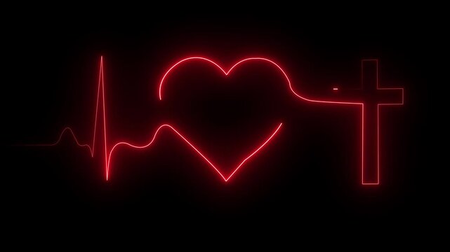 Heartbeat Pluss Animation, heart rate monitor electrocardiogram EKG or ECG looping background. Glowing Neon digital heartbeat plus Heart beat electric neon line color animation. heart rate count video