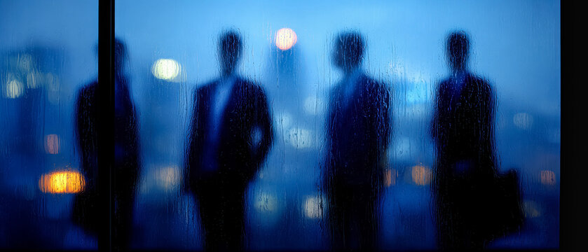business silhouettes behind rain covered office window, soft city reflections, cinematic blue hour lighting, quiet luxury corporate atmosphere, premium moody business aesthetic, shallow depth of field