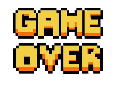 retro pixel game graphic in 8-bit video vector design with text game over in orange