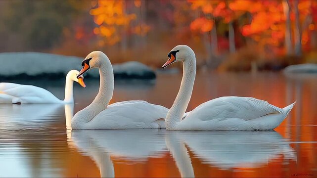 Two white swans glide on a calm lake with vibrant autumn foliage, creating a serene, picturesque scene ideal for nature-themed designs or peaceful wal