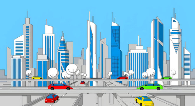 Flat design illustration of a modern city skyline featuring tall skyscrapers and a busy multi-lane highway with colorful cars. Urban traffic and infrastructure.