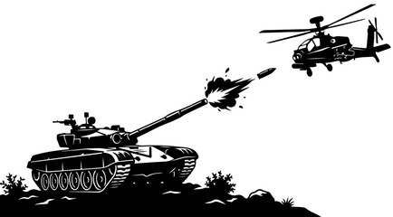 Tank firing at helicopter black and white silhouette illustration. war concepts. © kruwal kruwel
