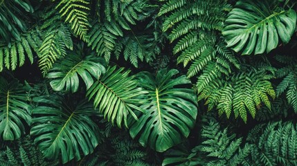 Dense tapestry of tropical foliage featuring large split leaves and numerous ferns creates a lush green background. © Nabila