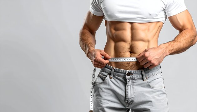 Fit man measures toned abdomen with tape