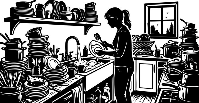 Woman washing dirty dishes in a messy kitchen silhouette illustration.