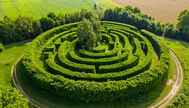 Aerial view of a lush, green, circular hedge maze surrounded by trees