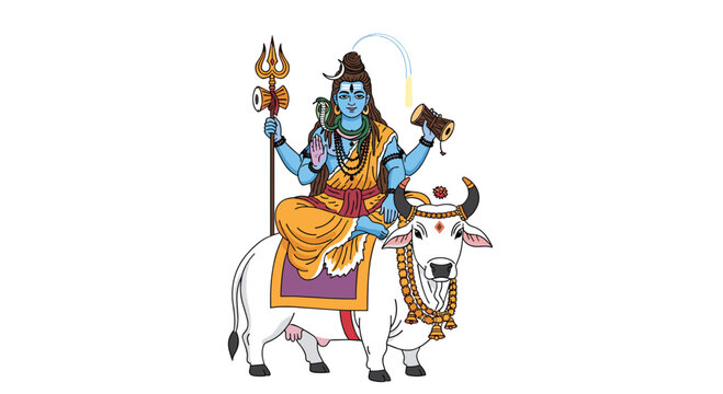 A detailed illustration of the four-armed Lord Shiva holding a trident and a small drum while riding the white bull Nandi against a plain white background.