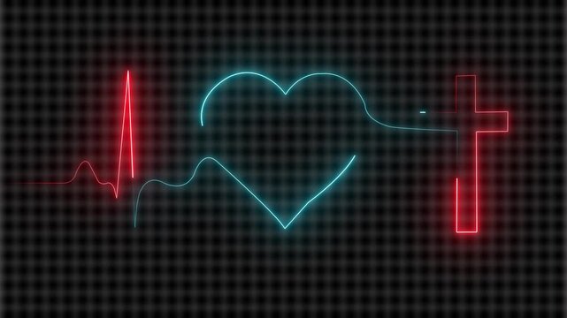 Heartbeat Pluss Animation, heart rate monitor electrocardiogram EKG or ECG looping background. Glowing Neon digital heartbeat plus Heart beat electric neon line color animation. heart rate count video