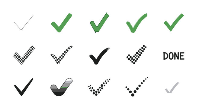 A collection of fifteen diverse checkmark icons in various styles including green ticks, checkered patterns, and dotted lines arranged on a solid white surface.