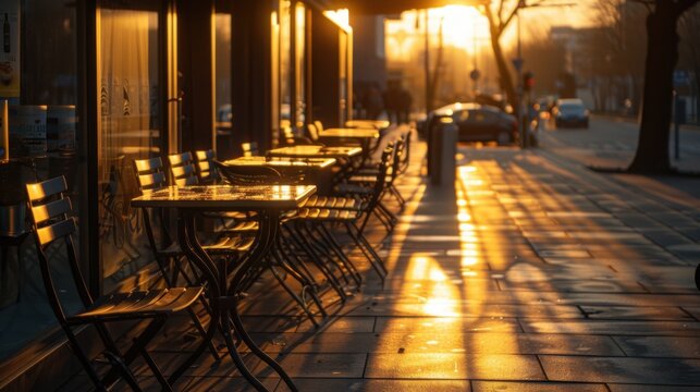 Empty caf at sunrise captured in hyperrealistic detail Canon EOS R5 35mm f8