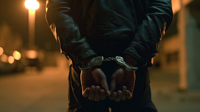 Arrested person with hands locked in metal handcuffs behind back standing on dimly lit urban street at night in warm glowing street light representing crime and arrest