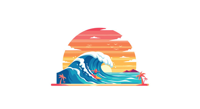 A surfer rides a large breaking wave in front of a setting sun with palm trees positioned on the shore under a warm orange and pink sky during a clear summer day.