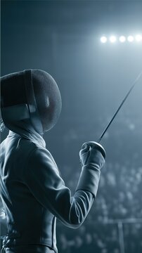Fencer in full protective uniform and fencing mask stands ready with rapier in indoor arena under bright spotlights ready for competitive fencing match in cool blue tone