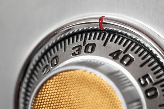 Close-up of the combination lock on a safe.