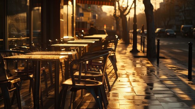 Empty caf at sunrise captured in hyperrealistic detail Canon EOS R5 35mm f8