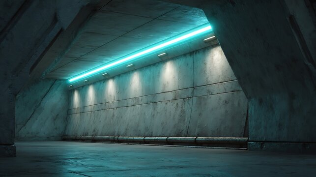 Futuristic industrial concrete corridor with glowing cyan neon light strip illuminating dark gritty walls and floor in a cinematic sci-fi underground bunker or parking garage