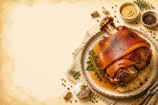 Eisbein recipe background for menu design, artistic food card with ingredients and copy space. German cuisine.